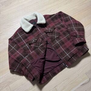 Urban Outfitters Plaid Sherpa Collar Zip Jacket Burgundy Brown Womens M
